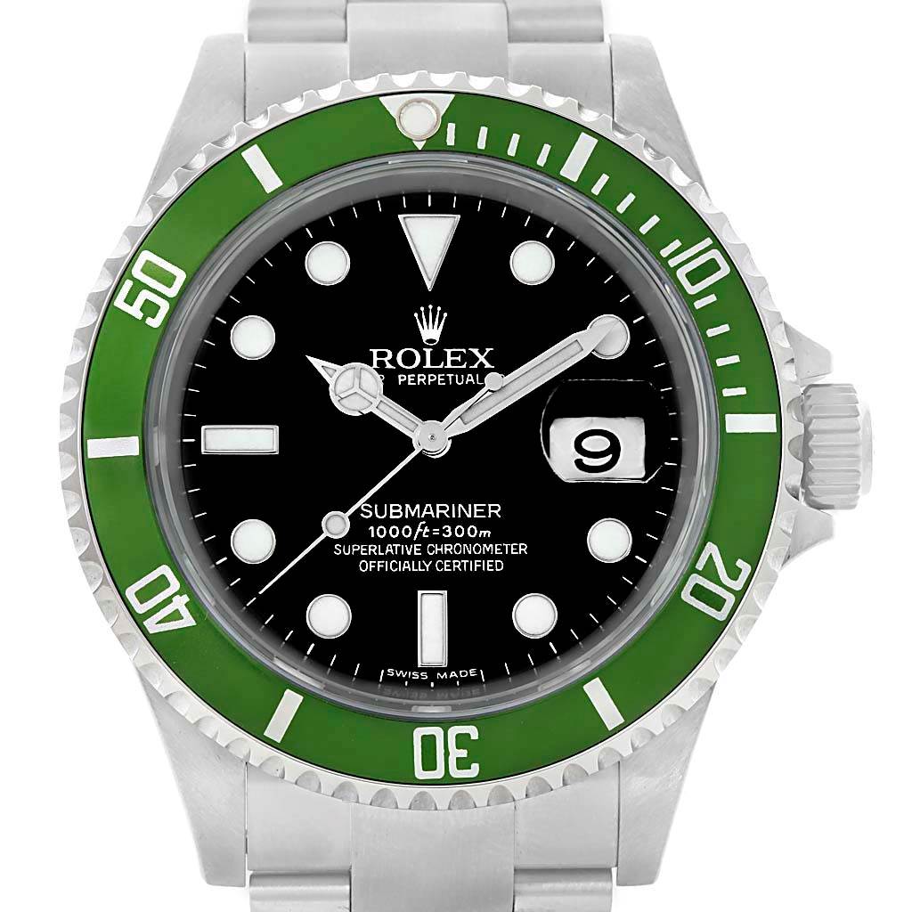 This is a Rolex Submariner 16610LV Men
s Stainless Steel Black Dial 16610LV Men
s Stainless Steel Black Dial watch with a green bezel, black dial, date display, and stainless steel bracelet, shown from the front.