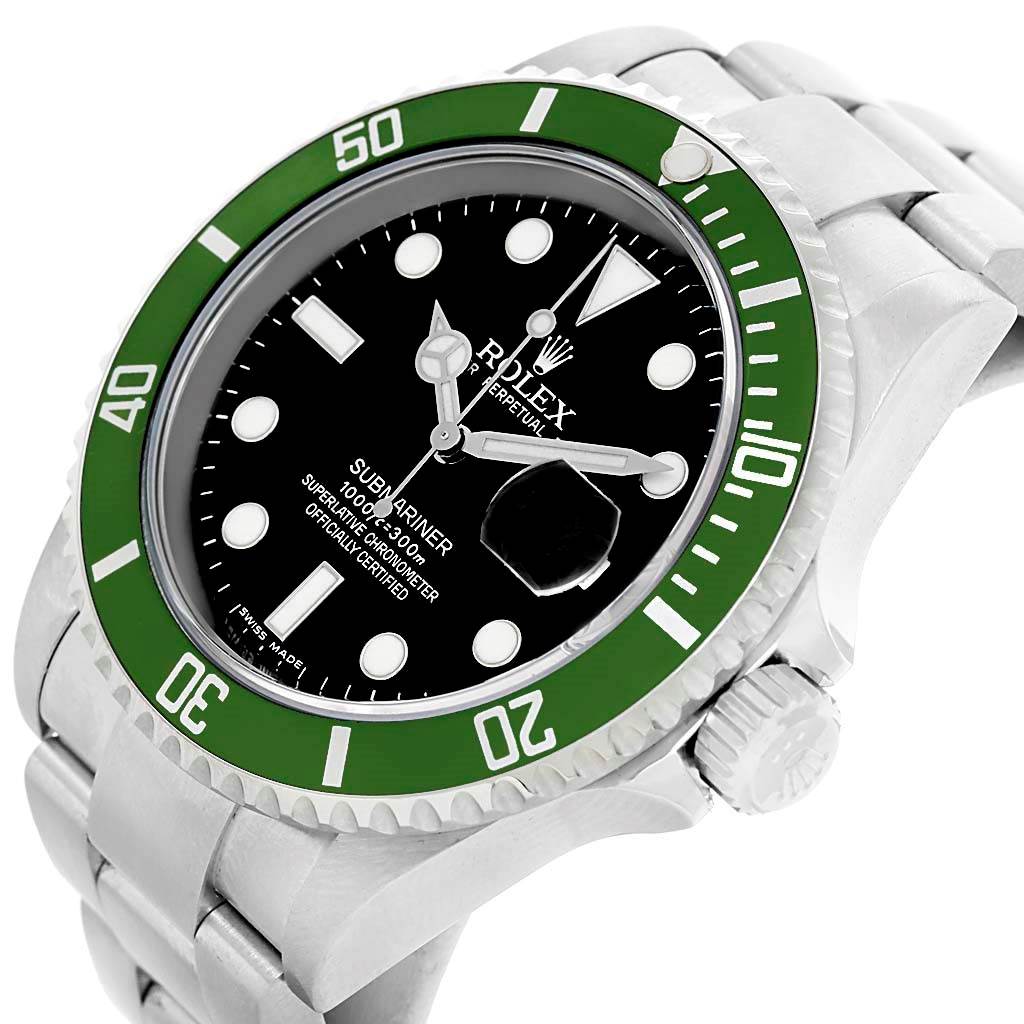 The image shows a close-up angle of the Rolex Submariner 16610LV Men
s Stainless Steel Black Dial 16610LV Men
s Stainless Steel Black Dial, highlighting the green bezel, black dial, and part of the bracelet.