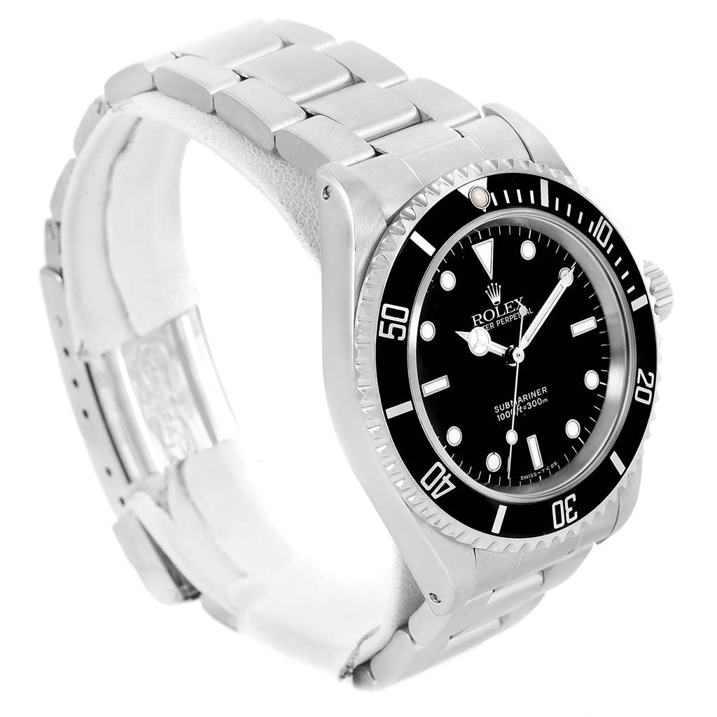 The image shows a Rolex Submariner 14060 Men
s Stainless Steel Black Dial 14060 Men
s Stainless Steel Black Dial watch from an angled side view, highlighting its dial, bezel, and stainless steel bracelet.