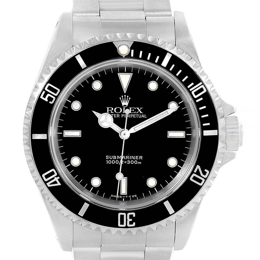 The image shows a front view of the dial and bezel of a Rolex Submariner 14060 Men
s Stainless Steel Black Dial 14060 Men
s Stainless Steel Black Dial watch.