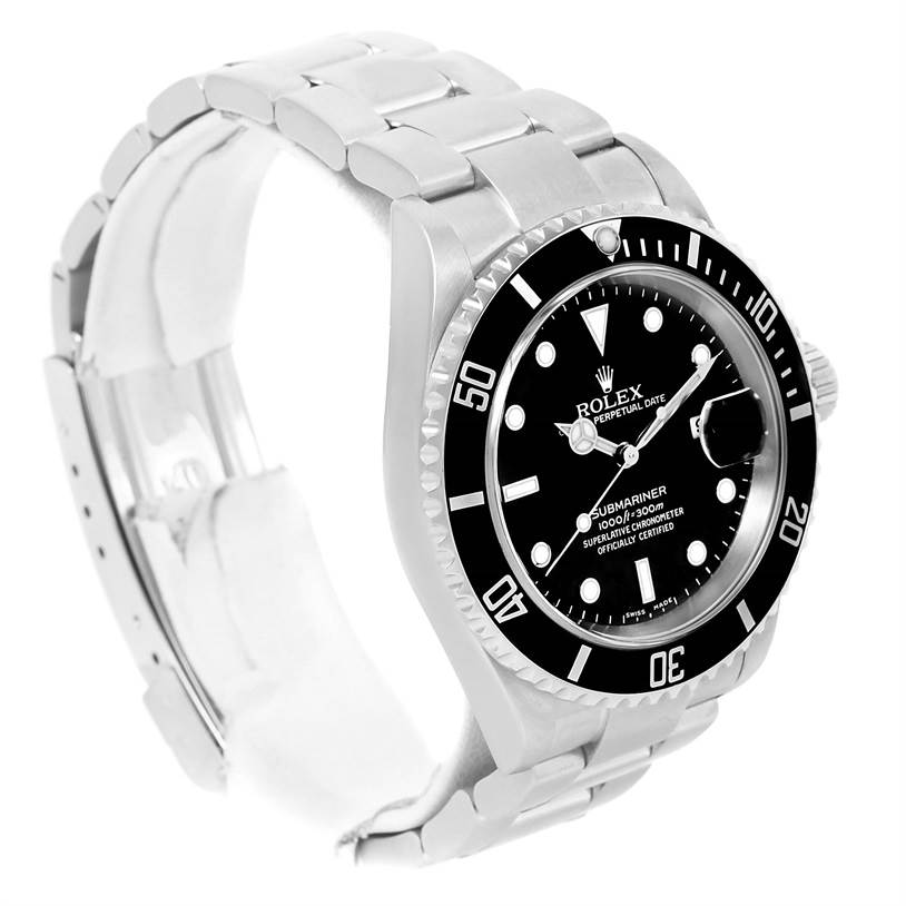 This image shows a Rolex Submariner 16610 Men
s Stainless Steel Black Dial 16610 Men
s Stainless Steel Black Dial watch at a slight side angle, displaying the bracelet, bezel, face, and crown.
