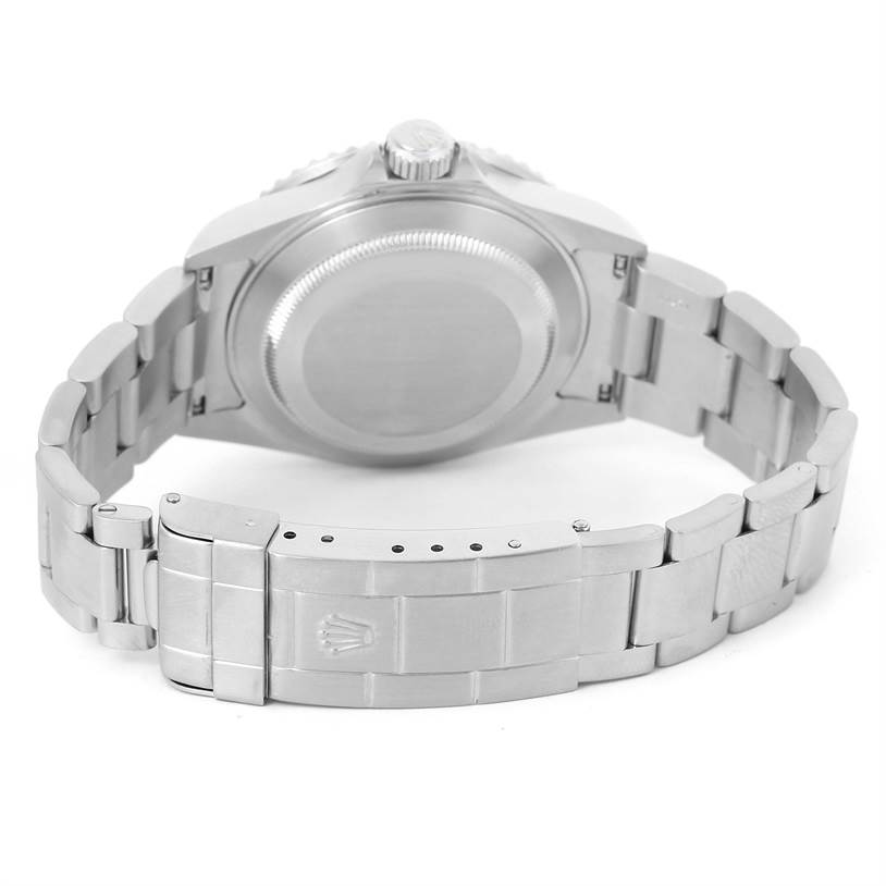 The image shows the back and bracelet clasp of a Rolex Submariner 16610 Men
s Stainless Steel Black Dial 16610 Men
s Stainless Steel Black Dial watch, displaying its case back and folding clasp.