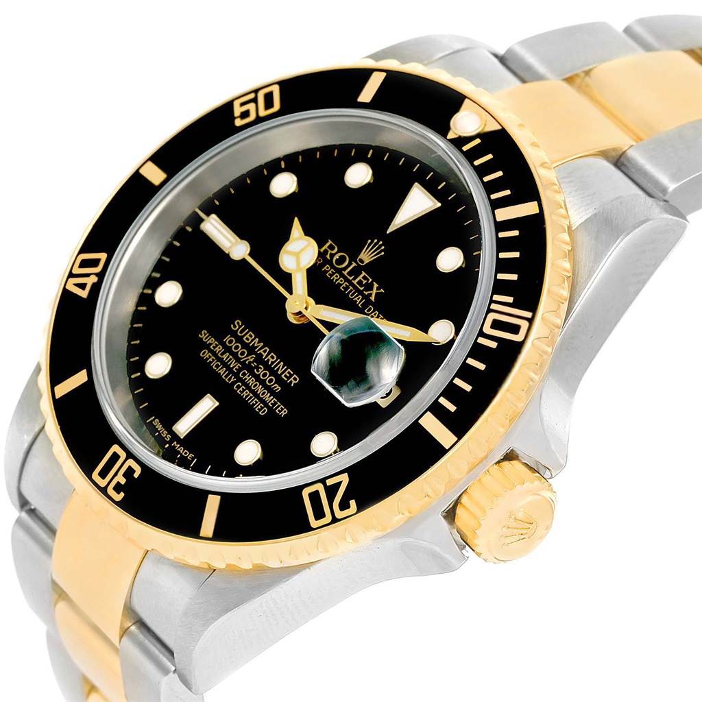 The image shows a close-up of the Rolex Submariner 16613 Men's Steel and Gold (two tone) Black Dial 16613 Men's Steel and Gold (two tone) Black Dial watch face, bezel, and part of the bracelet from an angled viewpoint.