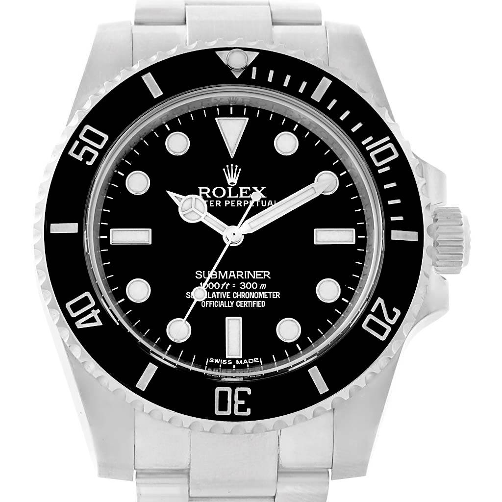 The image shows a front view of the Rolex Submariner 114060 Men
s Stainless Steel Black Dial 114060 Men
s Stainless Steel Black Dial watch, highlighting its dial, bezel, hands, and part of the bracelet.
