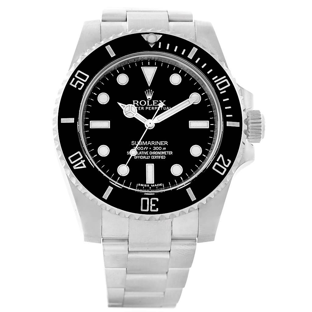 The image shows a front view of the Rolex Submariner 114060 Men
s Stainless Steel Black Dial 114060 Men
s Stainless Steel Black Dial, displaying its black dial, bezel, hands, and metal bracelet.