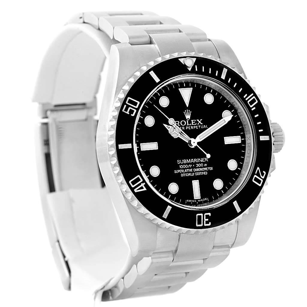 This image shows a side and front angle of a Rolex Submariner 114060 Men
s Stainless Steel Black Dial 114060 Men
s Stainless Steel Black Dial watch, highlighting the dial, bezel, and bracelet.