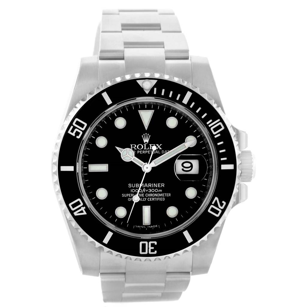 The image shows a frontal view of a Rolex Submariner 116610 Men
s Stainless Steel Black Dial 116610 Men
s Stainless Steel Black Dial watch, highlighting the dial, bezel, crown, and bracelet.