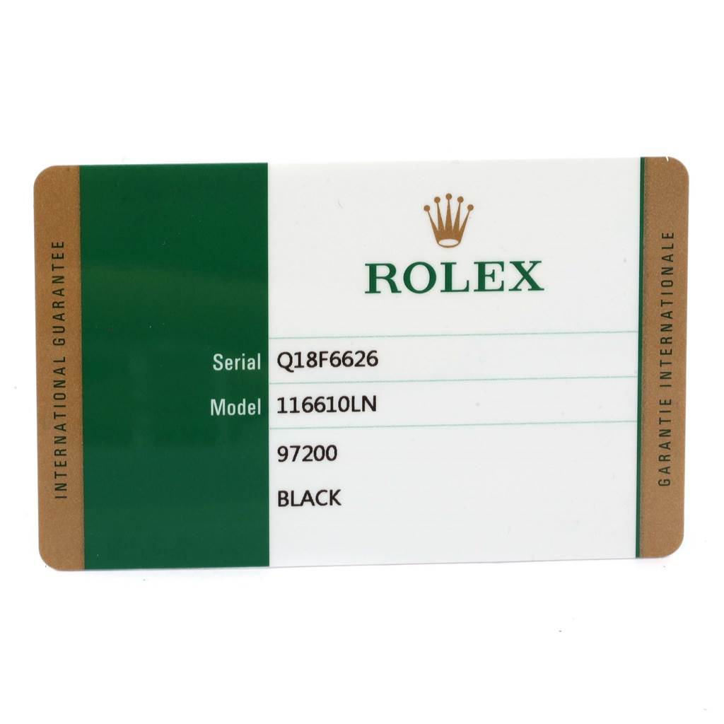 This image shows the warranty card for a Rolex Submariner 116610 Men
s Stainless Steel Black Dial 116610 Men
s Stainless Steel Black Dial model 116610LN.