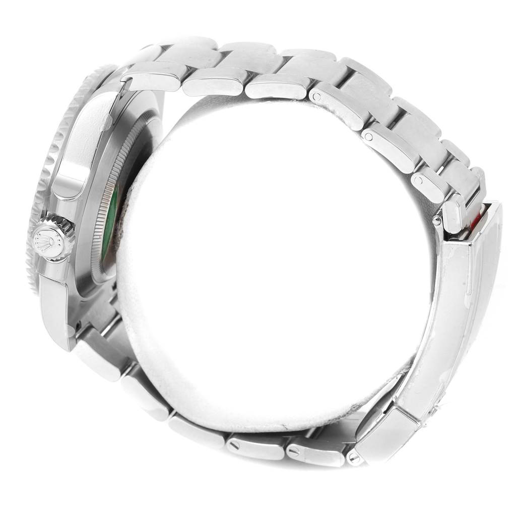 This side view of the Rolex Submariner 116610 Men
s Stainless Steel Black Dial 116610 Men
s Stainless Steel Black Dial shows the bracelet, case, crown, and part of the clasp.