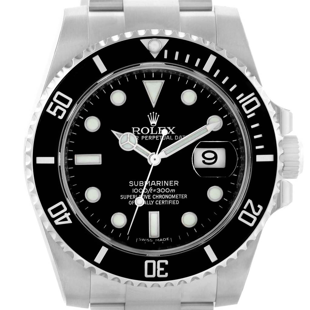 The image displays a front view of the Rolex Submariner 116610 Men
s Stainless Steel Black Dial 116610 Men
s Stainless Steel Black Dial watch, showing the dial, bezel, and part of the bracelet.