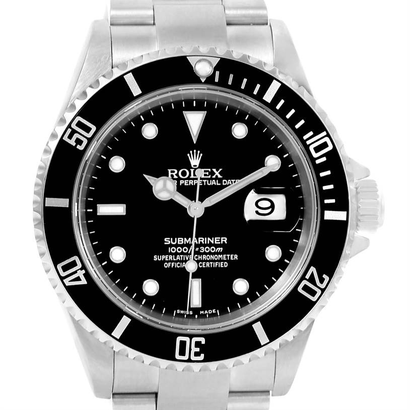 The image shows a frontal view of the Rolex Submariner 16610 Men's Stainless Steel Black Dial 16610 Men's Stainless Steel Black Dial watch, displaying its dial, bezel, and part of the bracelet.