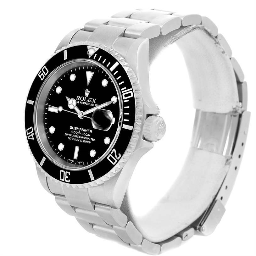The image shows a Rolex Submariner 16610 Men's Stainless Steel Black Dial 16610 Men's Stainless Steel Black Dial watch from a front-right angle, highlighting the dial, bezel, crown, and bracelet.