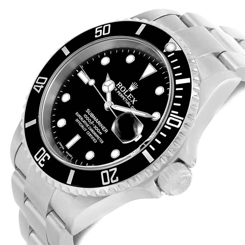 The image shows a side-angle view of a Rolex Submariner 16610 Men's Stainless Steel Black Dial 16610 Men's Stainless Steel Black Dial watch, highlighting the dial, bezel, and bracelet.