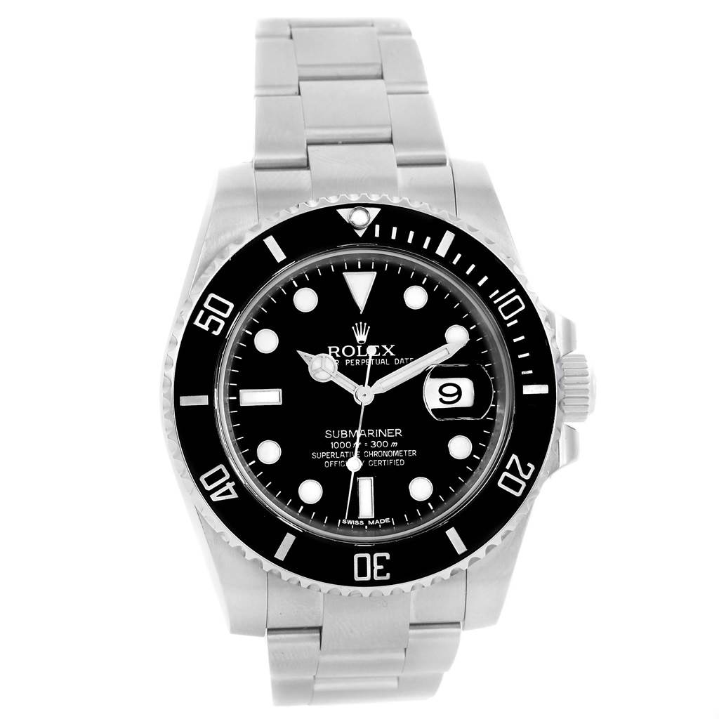 The image shows a front view of a Rolex Submariner 116610 Men's Stainless Steel Black Dial 116610 Men's Stainless Steel Black Dial watch, displaying its face, bezel, crown, and part of the bracelet.