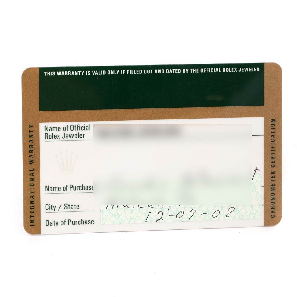 This image shows the warranty card for a Rolex Submariner 16613 Men's Steel and Gold (two tone) Champagne Dial 16613 Men's Steel and Gold (two tone) Champagne Dial watch from an official Rolex jeweler.