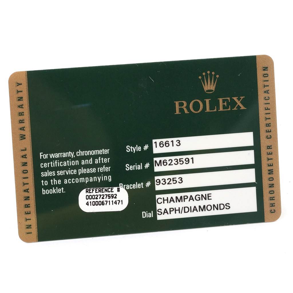This image shows the international warranty card for a Rolex Submariner 16613 Men's Steel and Gold (two tone) Champagne Dial 16613 Men's Steel and Gold (two tone) Champagne Dial model, specifying details like style, serial, and bracelet numbers.