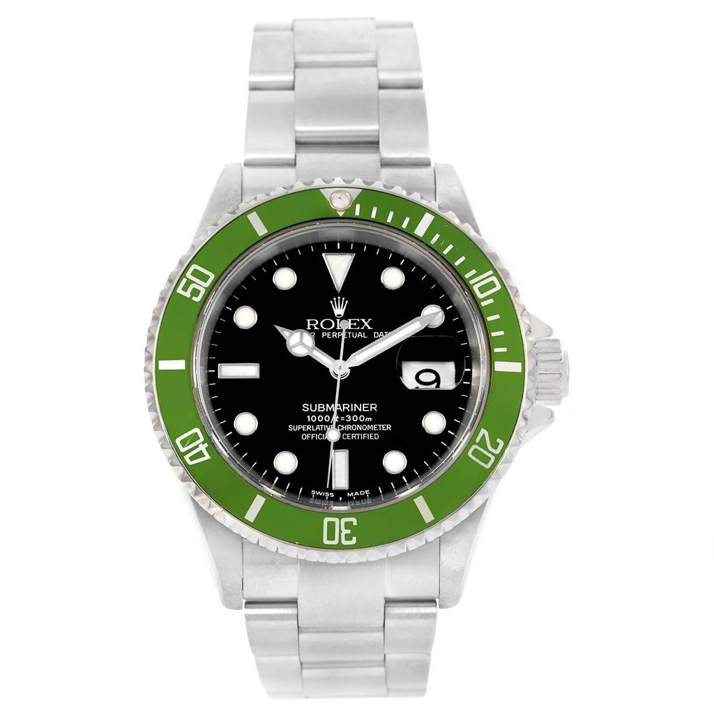 This image shows a Rolex Submariner 16610LV Men's Stainless Steel Black Dial 16610LV Men's Stainless Steel Black Dial watch from a front angle, highlighting its green bezel, black dial, and bracelet.