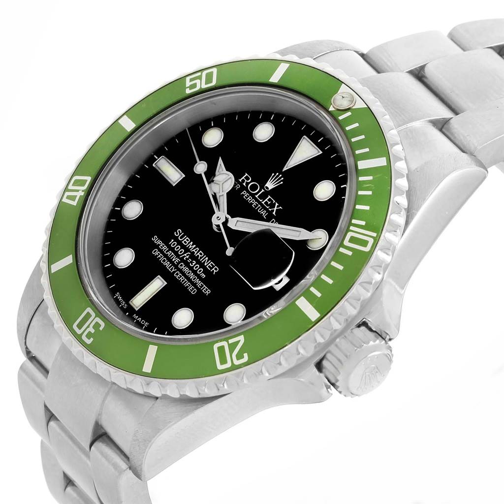 The image shows a Rolex Submariner 16610LV Men's Stainless Steel Black Dial 16610LV Men's Stainless Steel Black Dial watch at an angle, highlighting its green bezel, black dial, and stainless steel bracelet.