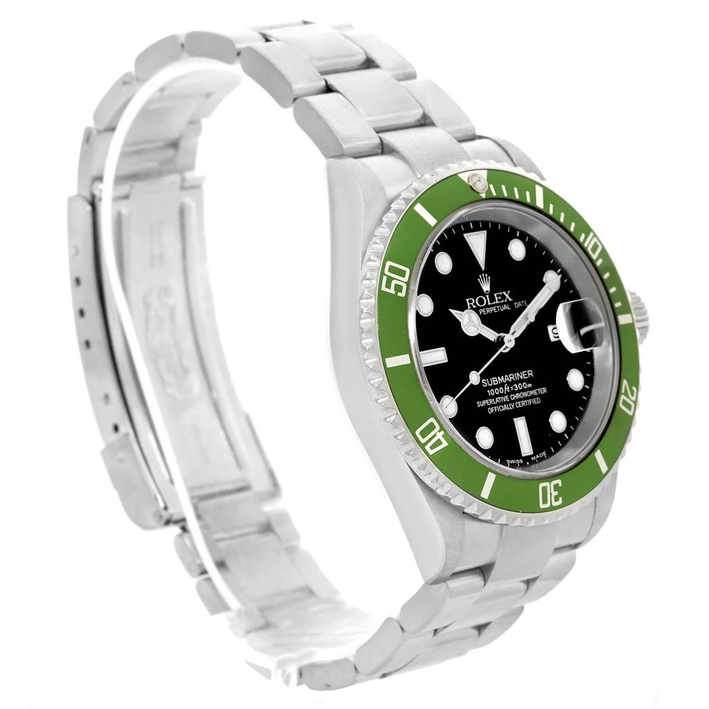 The Rolex Submariner 16610LV Men's Stainless Steel Black Dial 16610LV Men's Stainless Steel Black Dial watch is shown at a three-quarter angle, highlighting the bezel, dial, and bracelet.