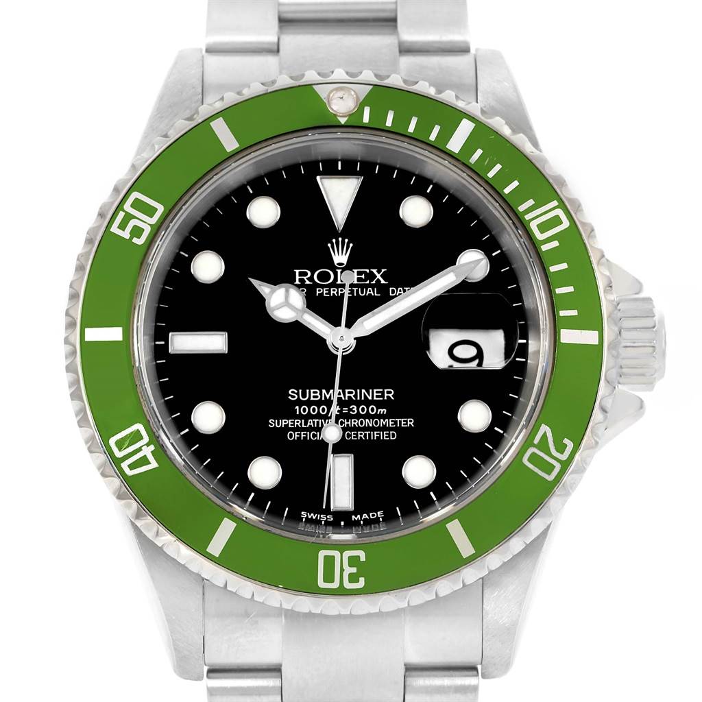 The image shows a front view of a Rolex Submariner 16610LV Men's Stainless Steel Black Dial 16610LV Men's Stainless Steel Black Dial watch, highlighting its green bezel, black dial, and bracelet.