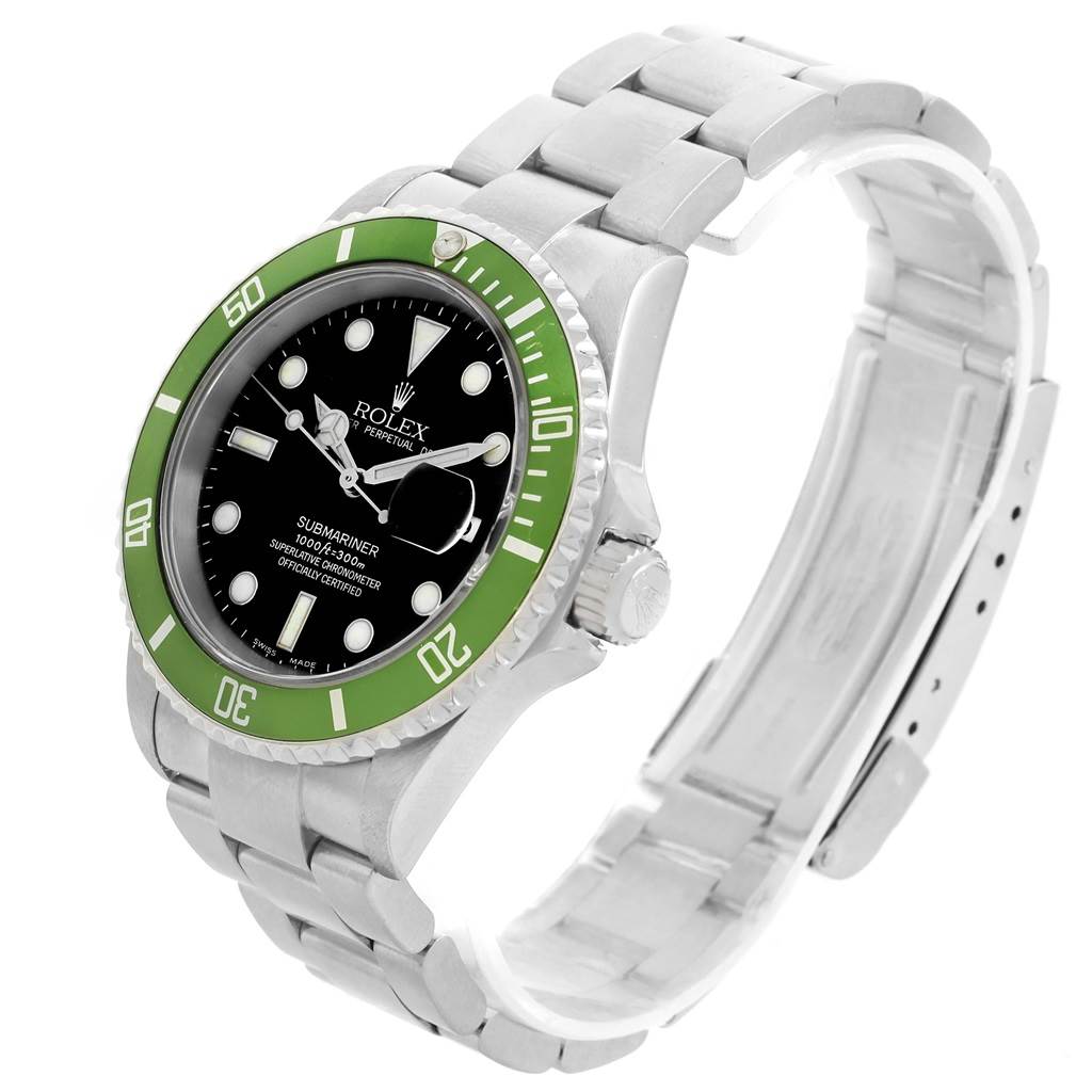 The image shows a Rolex Submariner 16610LV Men's Stainless Steel Black Dial 16610LV Men's Stainless Steel Black Dial watch at a slight angle, highlighting the green bezel, black dial, and metal bracelet.