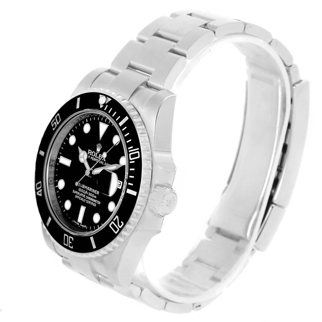 This image shows a side view of a Rolex Submariner 116610 Men's Stainless Steel Black Dial 116610 Men's Stainless Steel Black Dial watch, highlighting the dial, bezel, crown, and bracelet.