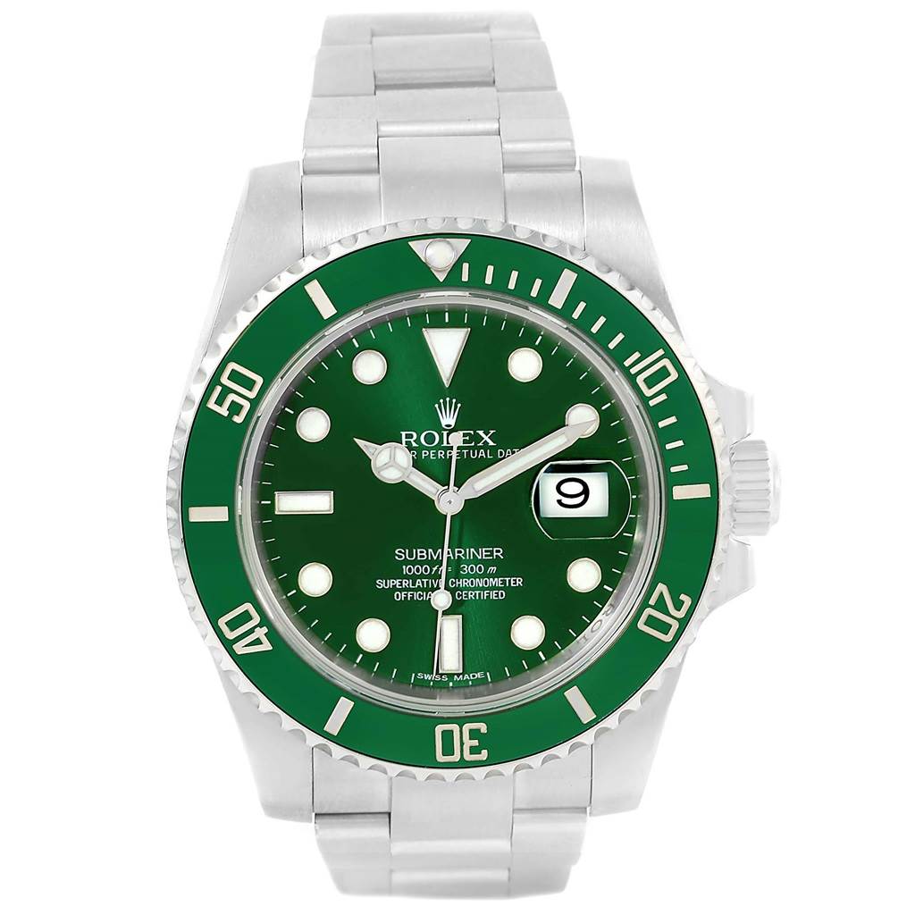 This image shows the front view of a Rolex Submariner 116610LV Men's Stainless Steel Green Dial 116610LV Men's Stainless Steel Green Dial watch, displaying its green dial, bezel, and stainless steel bracelet.