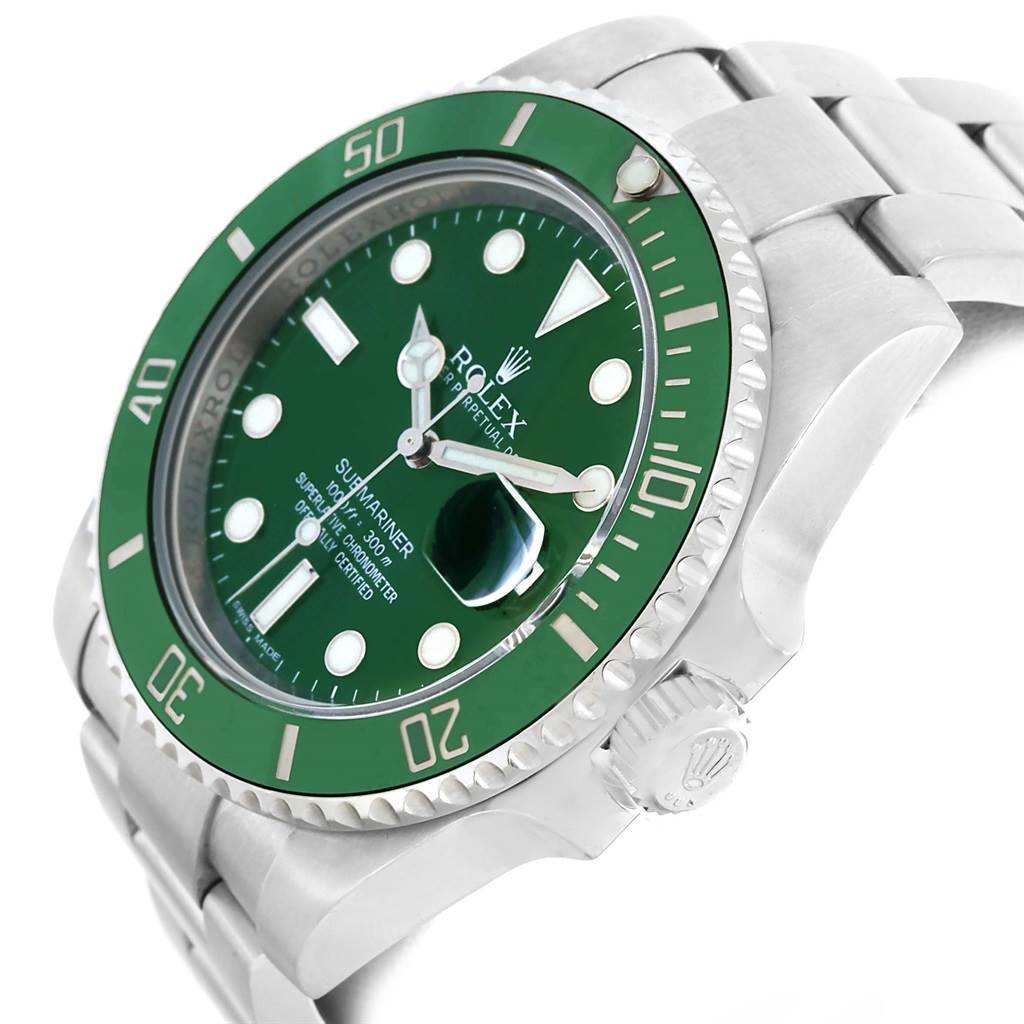 The Rolex Submariner 116610LV Men's Stainless Steel Green Dial 116610LV Men's Stainless Steel Green Dial watch is shown from a slightly tilted angle, featuring its green bezel, dial, and part of the stainless steel bracelet.