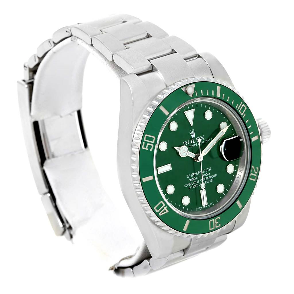 The Rolex Submariner 116610LV Men's Stainless Steel Green Dial 116610LV Men's Stainless Steel Green Dial watch is shown at a three-quarter angle, highlighting its green bezel and dial, with a metal bracelet.