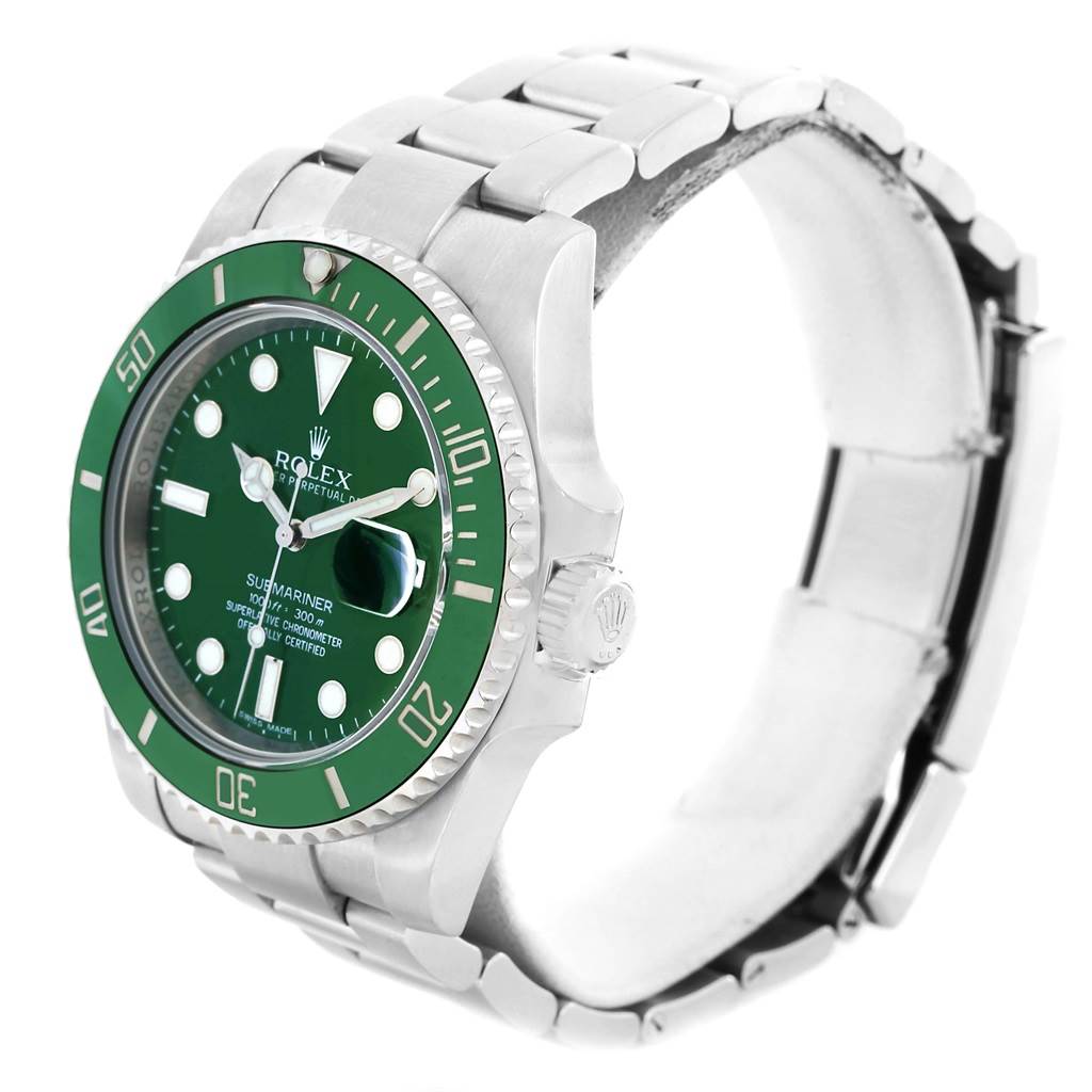 This Rolex Submariner 116610LV Men's Stainless Steel Green Dial 116610LV Men's Stainless Steel Green Dial watch is shown at a slight side angle highlighting its green bezel, face, crown, and stainless steel bracelet.