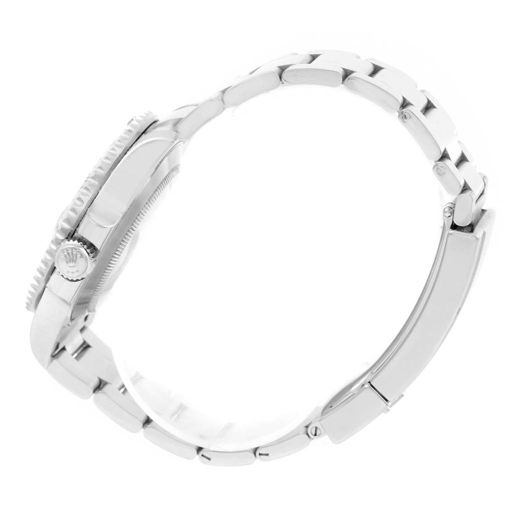 This image shows a side view of the Rolex Submariner 116610LV Men's Stainless Steel Green Dial 116610LV Men's Stainless Steel Green Dial watch, highlighting the crown, case, and bracelet.