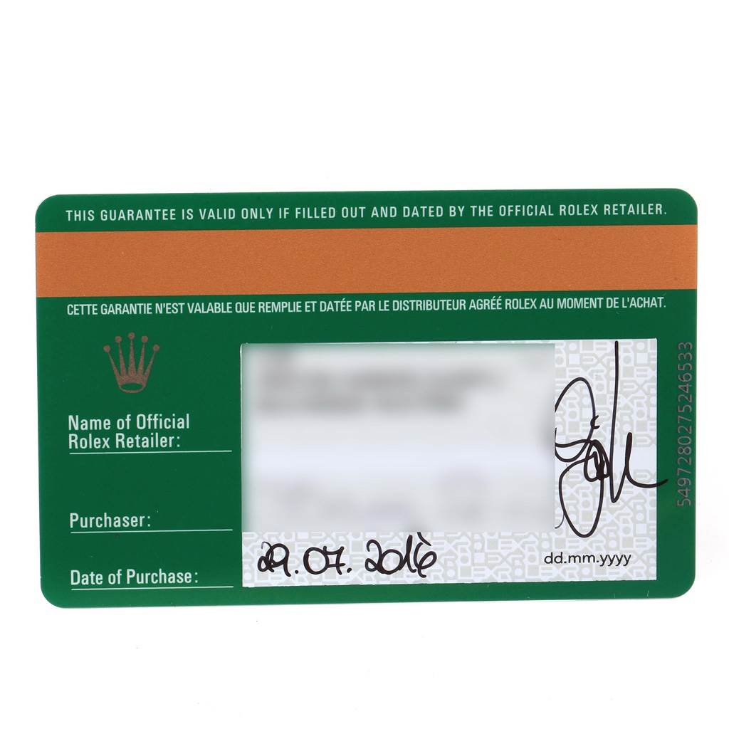 This image shows a guarantee card for a Rolex Submariner 116610LV Men's Stainless Steel Green Dial 116610LV Men's Stainless Steel Green Dial, including retailer and purchase details.