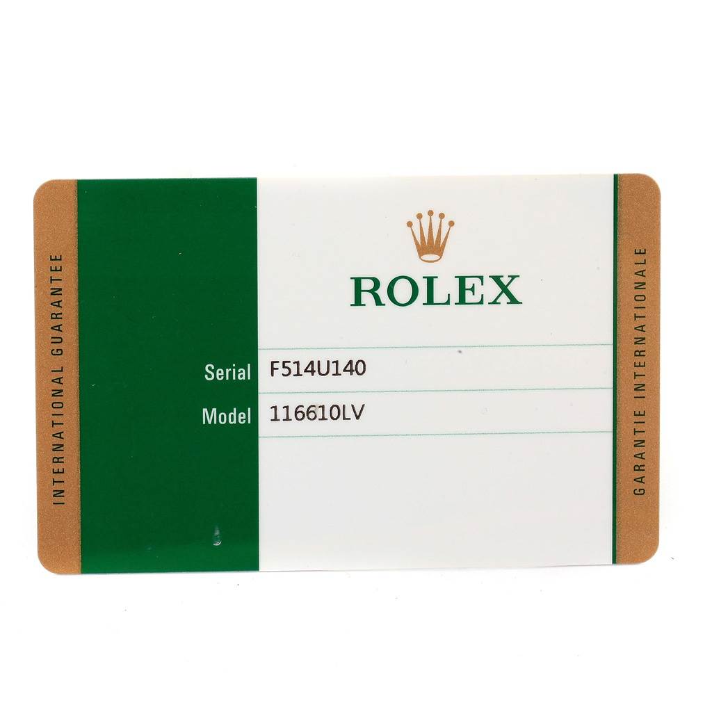 The image shows an international guarantee card for the Rolex Submariner 116610LV Men's Stainless Steel Green Dial 116610LV Men's Stainless Steel Green Dial model 116610LV.