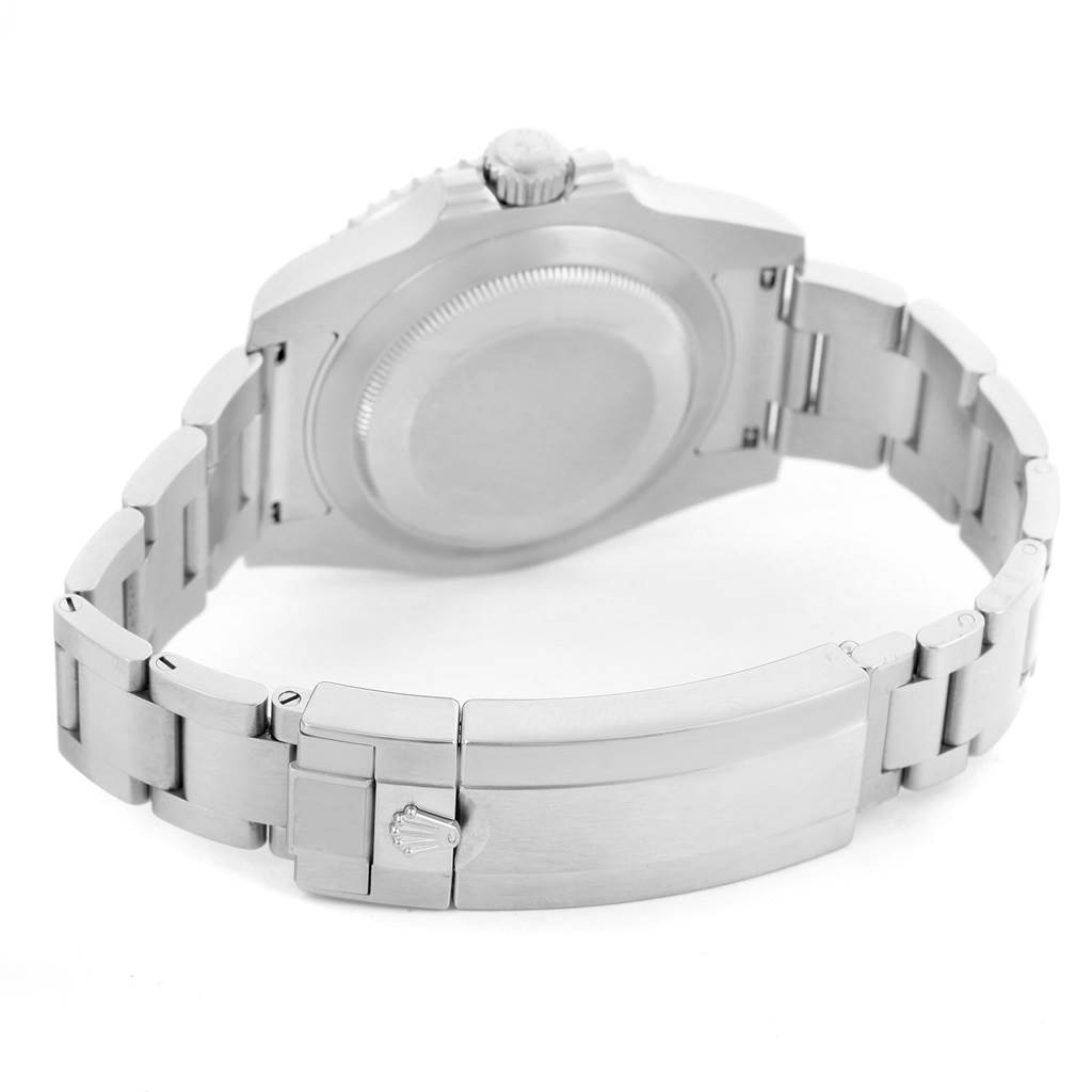 This image shows the back, bracelet, and clasp of a Rolex Submariner 116610LV Men's Stainless Steel Green Dial 116610LV Men's Stainless Steel Green Dial watch.