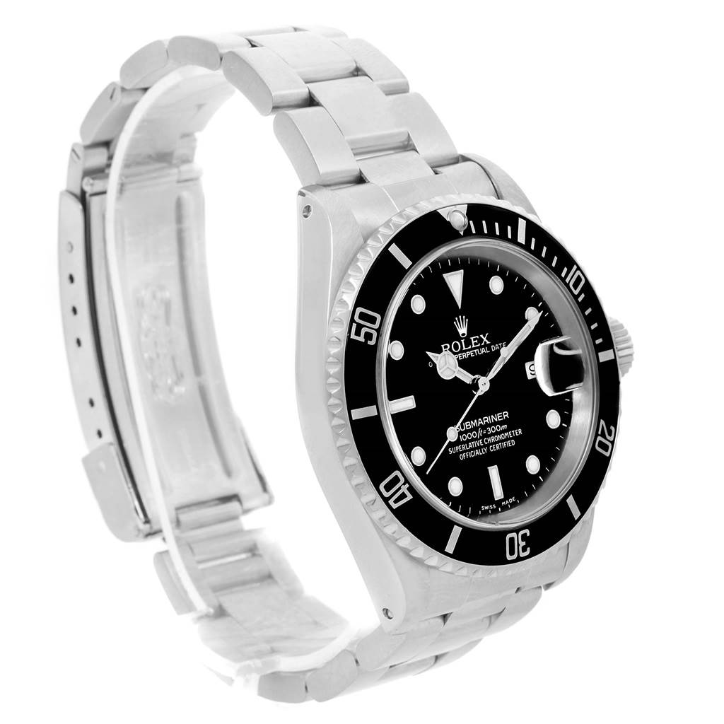 The image shows the front and left side of a Rolex Submariner 16610 Men's Stainless Steel Black Dial 16610 Men's Stainless Steel Black Dial watch, highlighting its bezel, dial, crown, and bracelet.