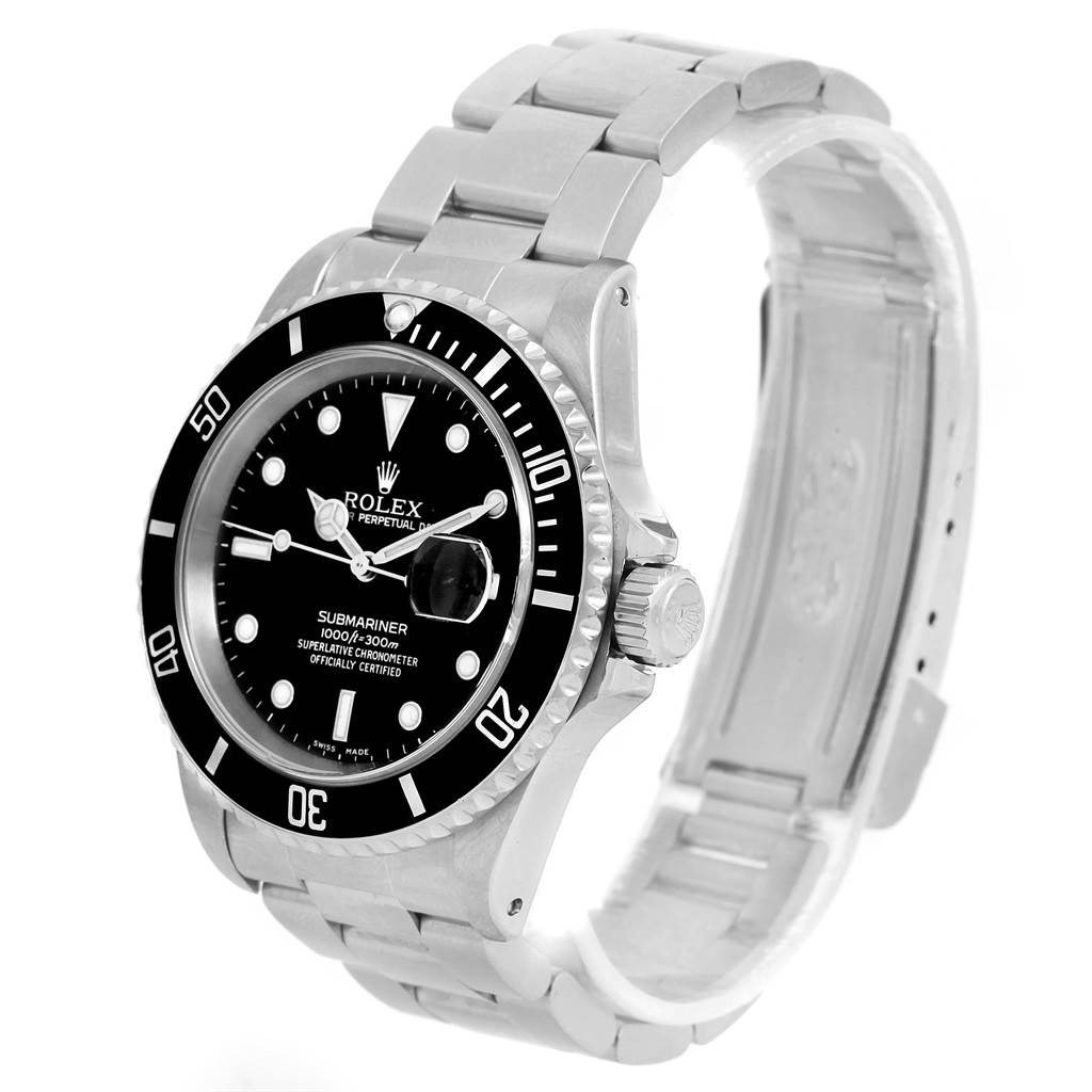 The image shows a Rolex Submariner 16610 Men's Stainless Steel Black Dial 16610 Men's Stainless Steel Black Dial watch at a three-quarter angle displaying its face, bezel, crown, and bracelet.