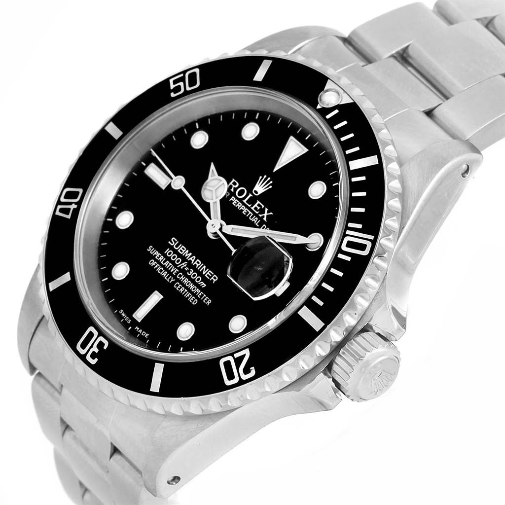 The image shows a Rolex Submariner 16610 Men's Stainless Steel Black Dial 16610 Men's Stainless Steel Black Dial watch at a 45-degree angle, including the face, bezel, crown, and part of the bracelet.