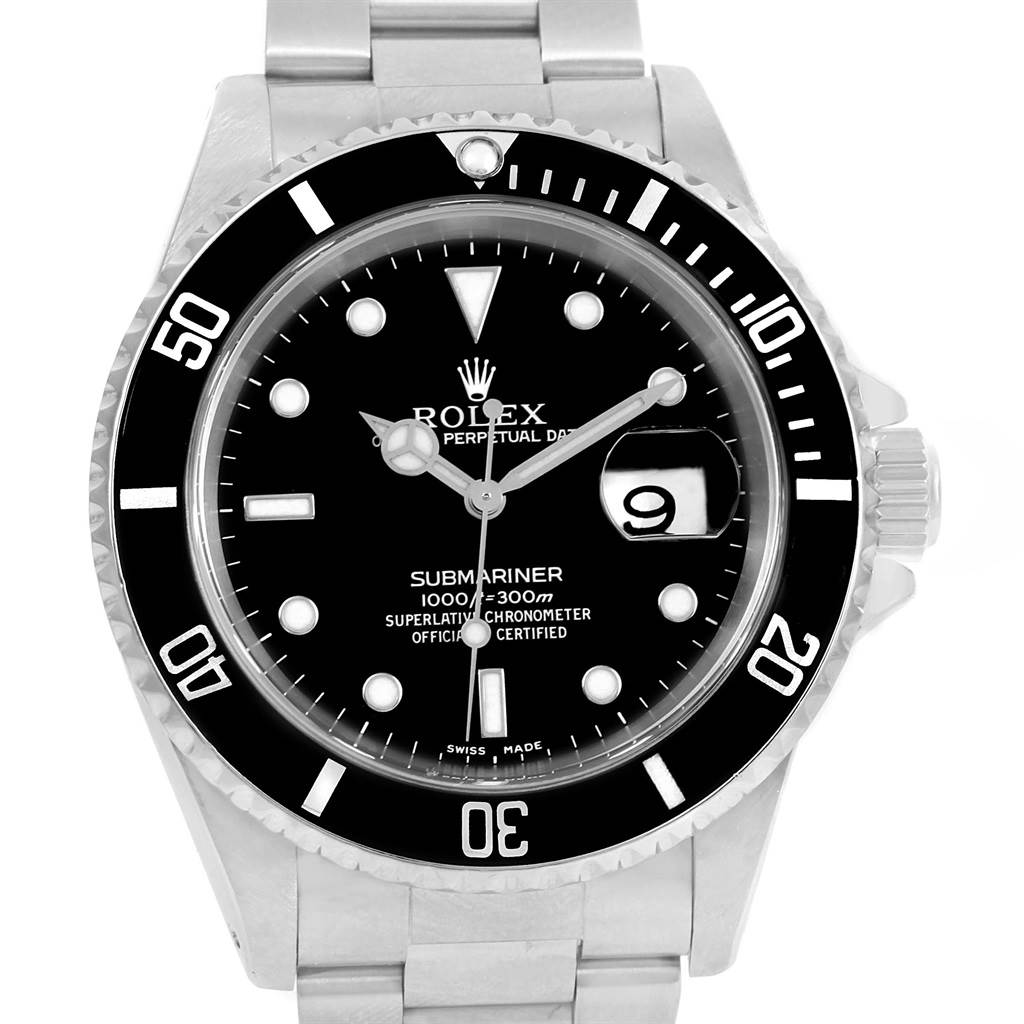 The image shows a close-up, frontal view of a Rolex Submariner 16610 Men's Stainless Steel Black Dial 16610 Men's Stainless Steel Black Dial watch displaying its dial, bezel, and bracelet.