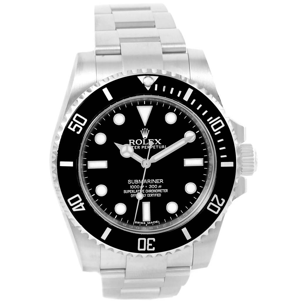 The image shows a front view of the Rolex Submariner 114060 Men
s Stainless Steel Black Dial 114060 Men
s Stainless Steel Black Dial watch, displaying its face, bezel, and bracelet.