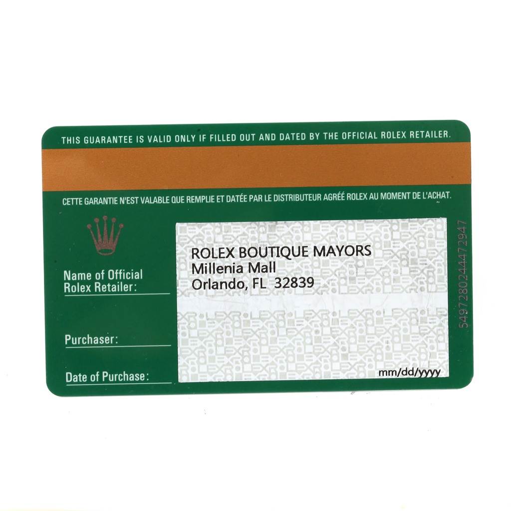 This image shows the guarantee card for a Rolex Submariner 114060 Men
s Stainless Steel Black Dial 114060 Men
s Stainless Steel Black Dial watch, including retailer details and placeholders for purchaser information and date.