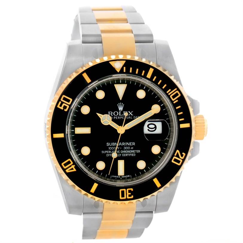 The image shows a front view of a Rolex Submariner 116613LN Men's Steel and Gold (two tone) Black Dial 116613LN Men's Steel and Gold (two tone) Black Dial watch, displaying its dial, bezel, and bracelet prominently.