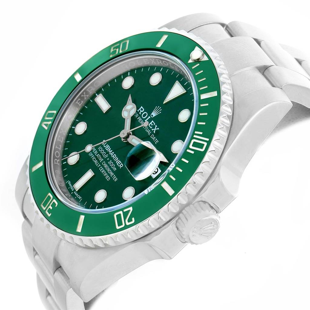 The image shows a Rolex Submariner 116610LV Men's Stainless Steel Green Dial 116610LV Men's Stainless Steel Green Dial watch at a slight angle, displaying its green bezel, dial, date window, and bracelet.