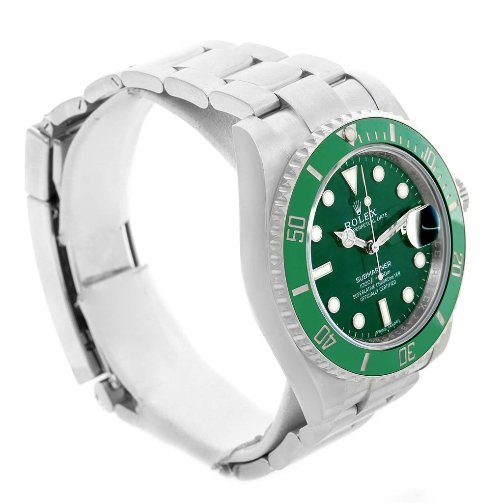 The image shows a side angle view of a Rolex Submariner 116610LV Men's Stainless Steel Green Dial 116610LV Men's Stainless Steel Green Dial watch, highlighting the green bezel, dial, and stainless steel bracelet.