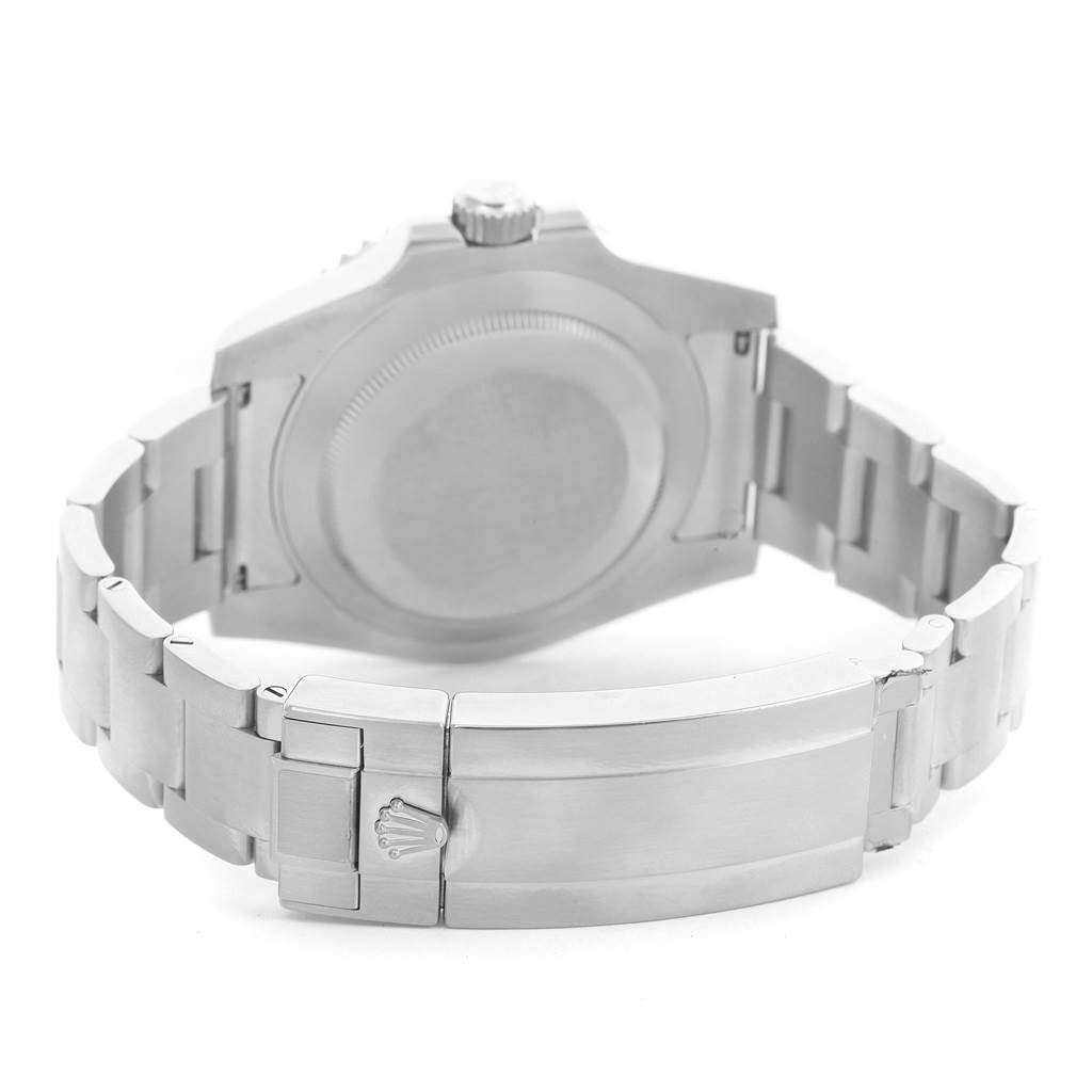 The image shows the underside of a Rolex Submariner 116610LV Men's Stainless Steel Green Dial 116610LV Men's Stainless Steel Green Dial, focusing on the closed clasp and case back.