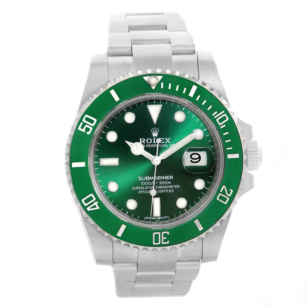 The image shows a frontal view of a Rolex Submariner 116610LV Men's Stainless Steel Green Dial 116610LV Men's Stainless Steel Green Dial watch featuring a green bezel and dial with a date display.