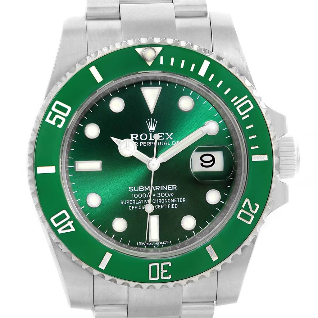 The image shows a Rolex Submariner 116610LV Men's Stainless Steel Green Dial 116610LV Men's Stainless Steel Green Dial watch face from the front, highlighting its green bezel, dial, and date window.