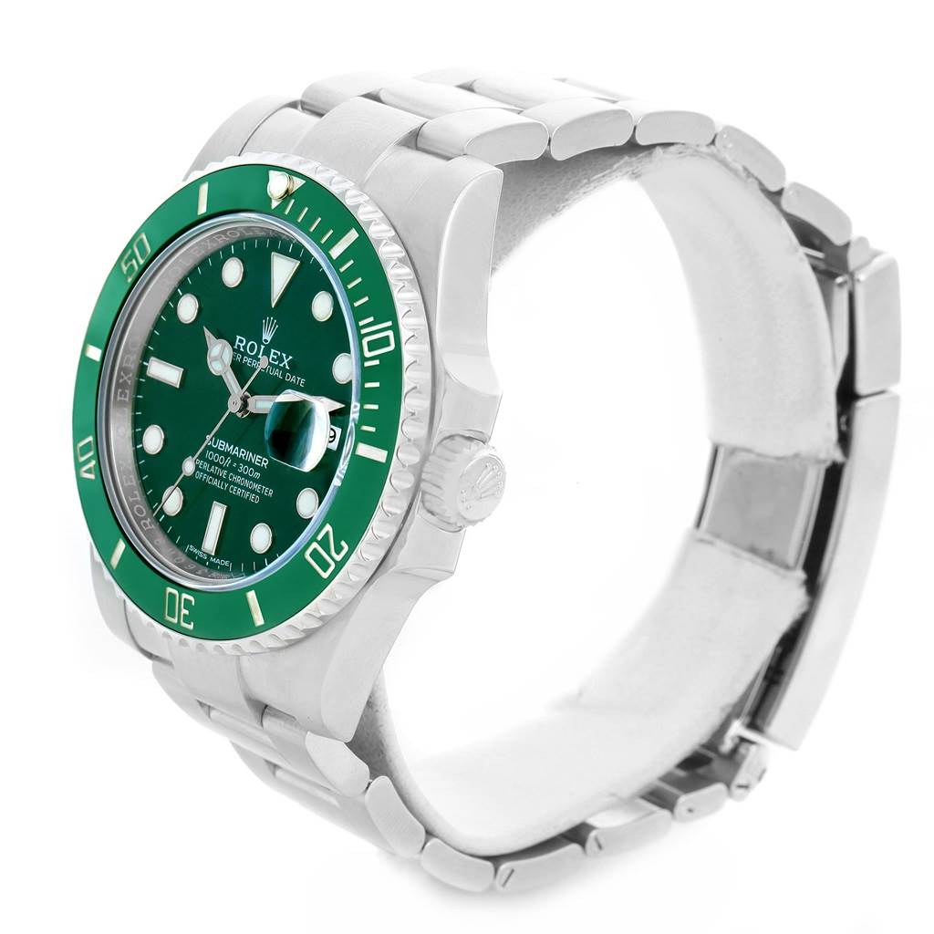 This Rolex Submariner 116610LV Men's Stainless Steel Green Dial 116610LV Men's Stainless Steel Green Dial watch is shown from a front-right angle, highlighting its bezel, dial, bracelet, and crown.