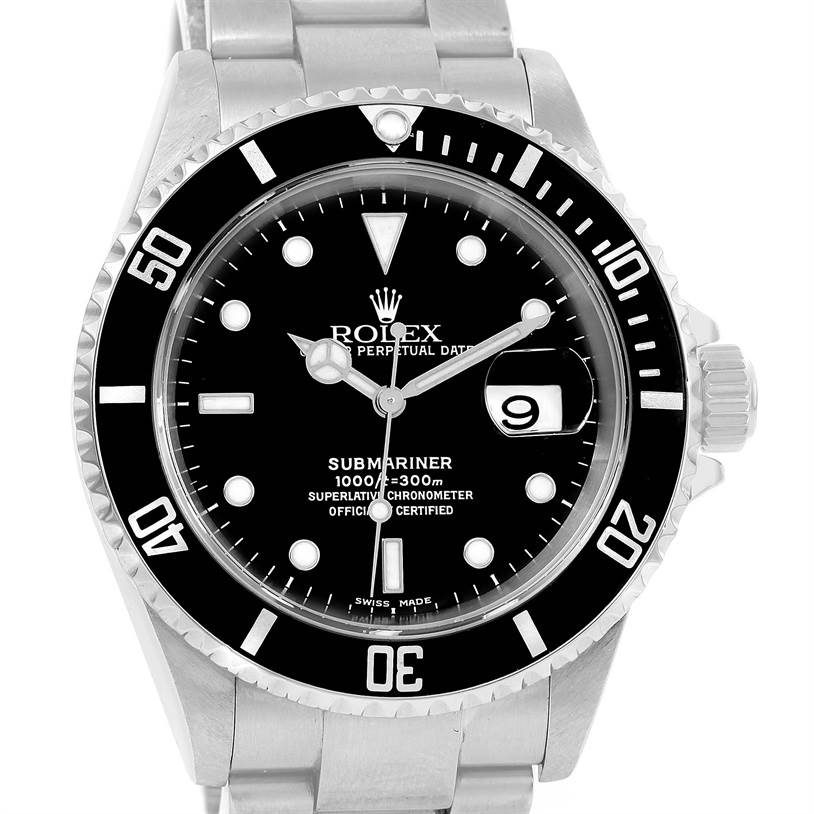 The image shows a front angle of the Rolex Submariner 16610 Men's Stainless Steel Black Dial 16610 Men's Stainless Steel Black Dial watch, displaying the dial, bezel, bracelet, and date window.