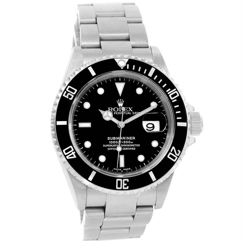 This image displays the Rolex Submariner 16610 Men's Stainless Steel Black Dial 16610 Men's Stainless Steel Black Dial watch from a front angle, showing the face, bezel, crown, and bracelet.