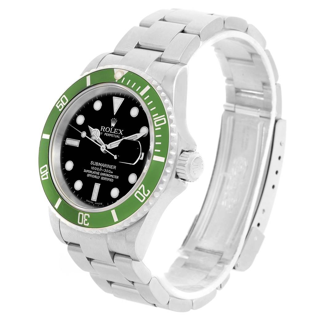 The image shows a Rolex Submariner 16610LV Men's Stainless Steel Black Dial 16610LV Men's Stainless Steel Black Dial watch at an angle displaying the face, bezel, and part of the bracelet.